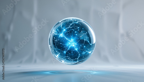 A luminous sphere of crackling blue energy floats against an abstract background, radiating power and technological advancement for graphic designs.