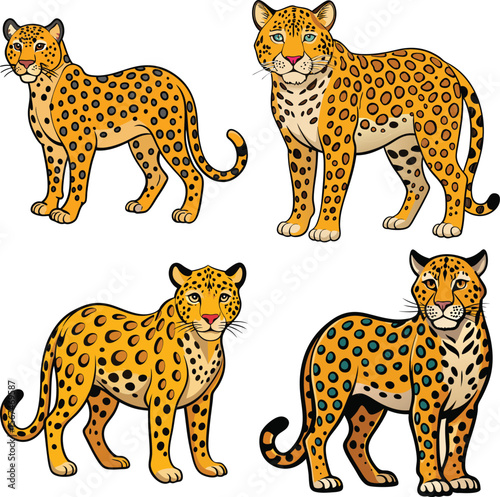 Four cartoon jaguars standing proudly with distinct spots and expressive eyes