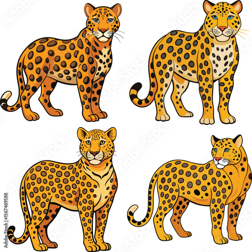 Four cartoon leopards standing in different poses on a white background
