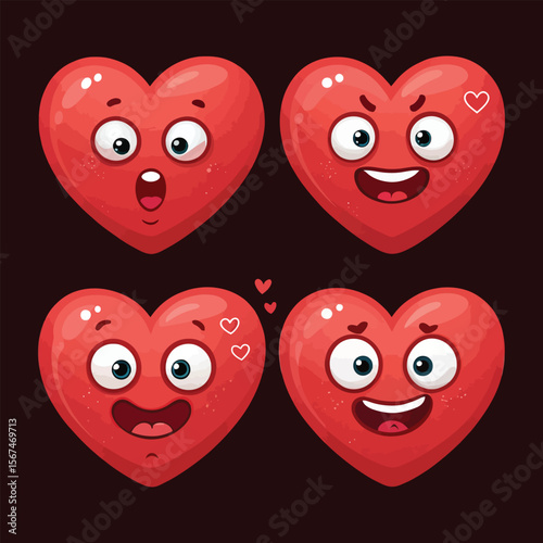 Four cartoon hearts show different expressions on a dark background