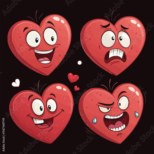 Four cartoon hearts display different emotions on a dark background