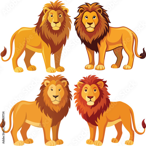 Four stylized lions standing proudly against a white background