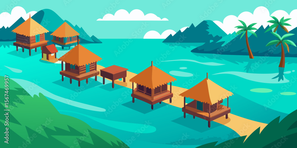 Naklejka premium Turquoise tropical island paradise with luxury resort bungalows over crystal clear ocean water and white sand beaches