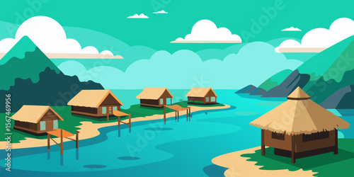 Tropical resort paradise with luxurious bungalows on a serene island beach, boasting a picturesque summer landscape of mountains, sea, and tranquil lagoon waters