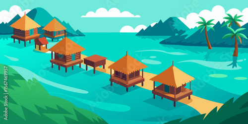 Turquoise tropical island paradise with luxury resort bungalows over crystal clear ocean water and white sand beaches