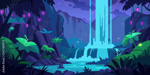 A vibrant vector illustration of an abstract tropical underwater world, bathed in the blue light of the ocean, with fish swimming