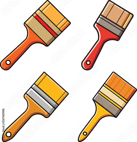Collection of four colorful cartoon paint brushes with wooden handles on a white background