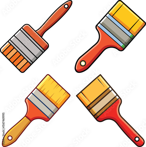 Four colorful cartoon paint brushes isolated on a white background