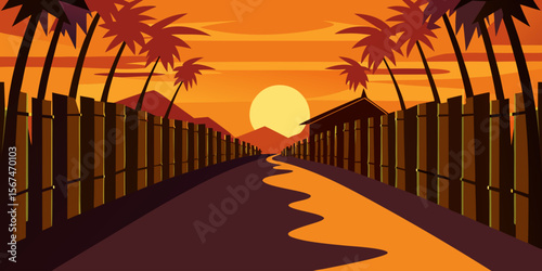 Tropical sunset over the beach with silhouetted palm trees and a vibrant orange sky