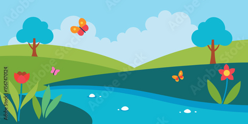 Colorful spring landscape with green trees, flowers, and a serene lake under a clear sky
