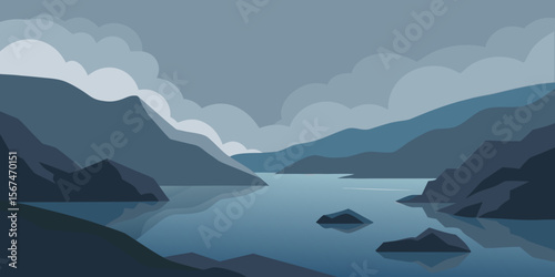 Tranquil mountain landscape at dawn featuring a serene lake reflecting the sky and clouds