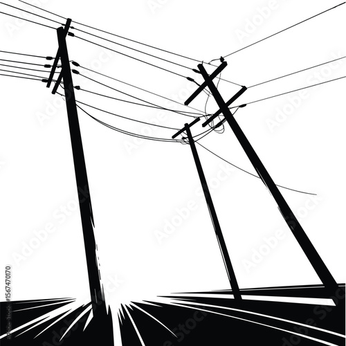 Utility poles upward perspective cad drawing flat vector illustration, dramatic low-angle view of electric wires and structures, abstract grid sketchUtility poles upward perspective 