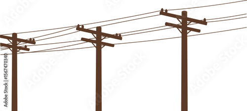 wire layout sketch, front infrastructure viewUtility poles with crossarms cad drawing flat vector illustration, three interconnected electric structures, wire layout sketch, front infrastructure view