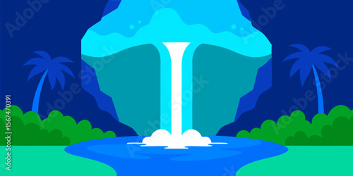 A tranquil blue water landscape features a majestic waterfall cascading through a verdant forest, illuminated by morning light under a vast sky