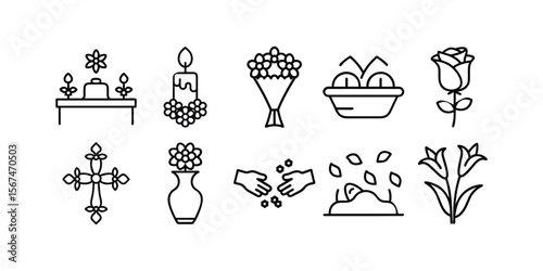 Dia dos Finados Icon Set – Silhouette & Line Art Flowers and Offerings Vector