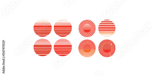 Print  Vintage retro sun circle set, sun in retro 80s and 90s style, sunset sunrise isolated - vector