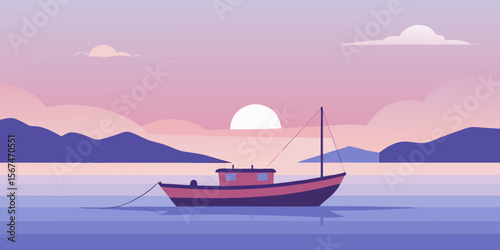 A vibrant sunset illuminates fishing boats on the calm sea, their sails catching the golden light as they travel across the horizon