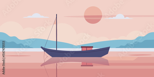 A blue boat sails across the turquoise ocean under a summer sky, with a tropical island in the distance