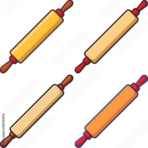 Collection of four stylized rolling pins with different colored handles and barrels