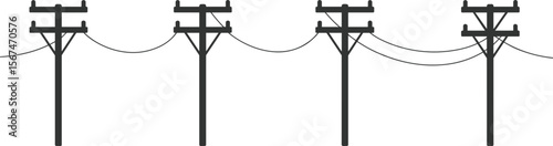Utility poles with electric wires cad drawing flat vector illustration, evenly spaced infrastructure structures, insulators and crossarms layout sketch view