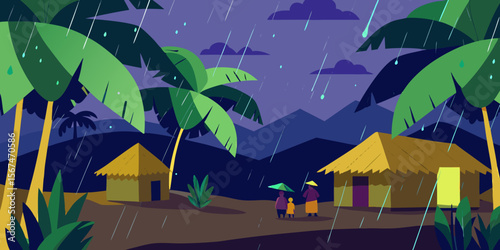 Dark winter landscape illustration of a house with trees and flowers under a night sky with moon and stars