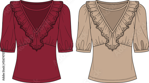 sleeves, fitted waist, front back sketchV-neck ruffle trim blouses cad drawing flat vector illustration, eyelet detail neckline, gathered elbow sleeves, fitted waist, front back sketch
