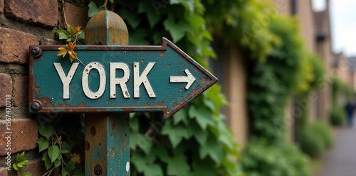 Weathered Vintage Signpost Guiding to York, England Rustic Brick, Ivy, Charming English Cityscape Evoking History and Travel