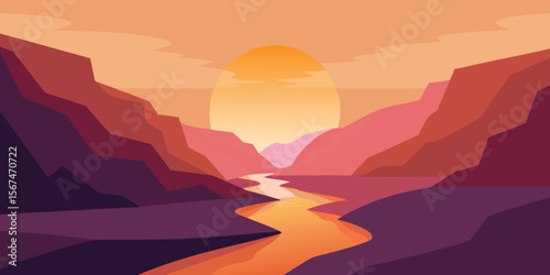 Sunset Canyon River Landscape Serene Nature Scene