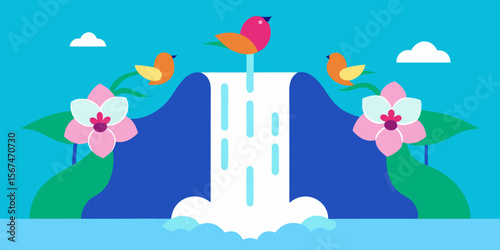 Serene Waterfall Scene Birds, Orchids, and Tranquil Nature