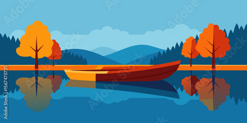 Serene Autumn Lake Rowboat Reflections on Calm Water