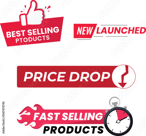 Vector Set of eCommerce Labels – Best Selling, New Launch, Price Drop, and Fast Selling – EPS


