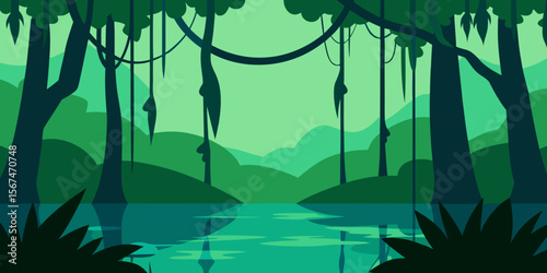 Lush Green Jungle River Serene Nature Illustration