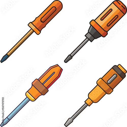 Set of four cartoon screwdrivers with orange handles on a white background