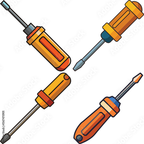 Four cartoon style screwdrivers with orange and yellow handles arranged diagonally