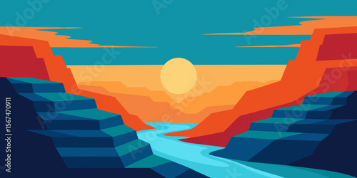 Sunset over Canyon River Vibrant Colors and Geometric Landscape Illustration