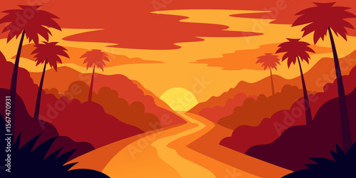 Serene Sunset River Landscape Tropical Paradise at Dusk