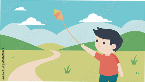 Joyful Boy Flying a Kite in a Serene Landscape A Whimsical Illustration