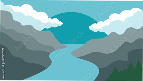 Serene River Valley Landscape A Picturesque Mountain Vista at Sunset