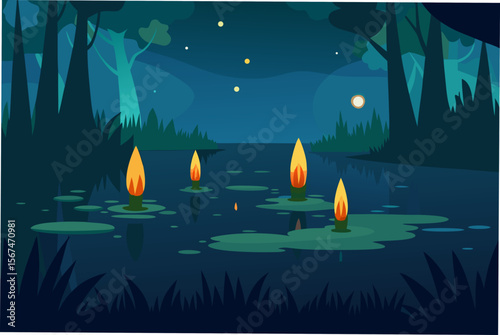 Enchanted Forest Night Magical Floating Flames on a Calm Lake