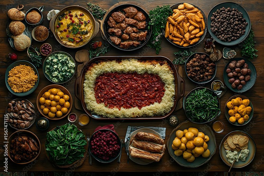 Festive Feast of Diverse Dishes on a Rustic Wooden Table