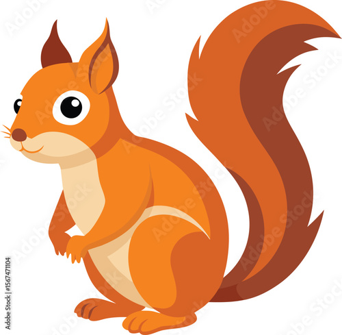 Cute cartoon red squirrel with bushy tail sitting on white background