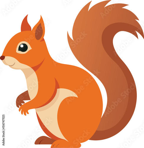Cute cartoon red squirrel with fluffy tail on white background