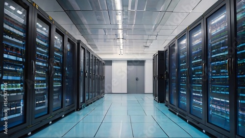 Realistic wide shot photo data center server room with concept of infrastructure technology and clouds computing for big data in IT business with computer in the room