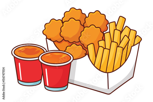 Cartoon illustration of chicken nuggets french fries and dipping sauce cups