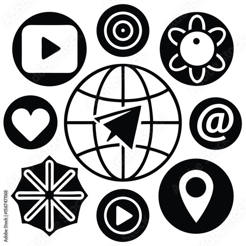 Black and white social media icons and symbols technology communication