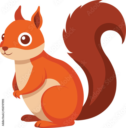 Cute cartoon squirrel with bushy tail sitting and looking forward