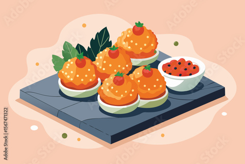 Elegant Appetizer Illustration Caviar Topped Bites with Tomato and Leaf Garnish