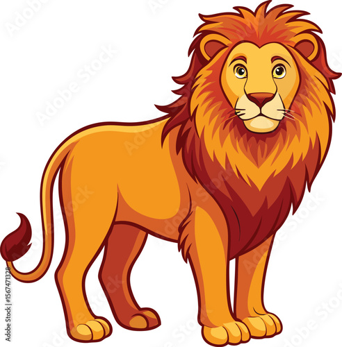 Friendly cartoon lion with a full mane standing and looking forward