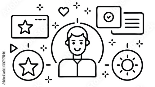 Person surrounded by icons representing achievements and information profile star