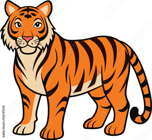 Cute cartoon tiger standing and looking forward with black stripes and orange fur